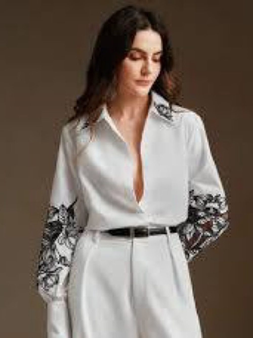 Anewsta new with tags Women's White Long-Sleeve Blouse with Black Embroidery